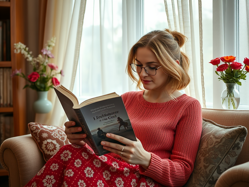 Женщина в уютном кресле читает книгу, окруженная цветами и мягким светом из окна.